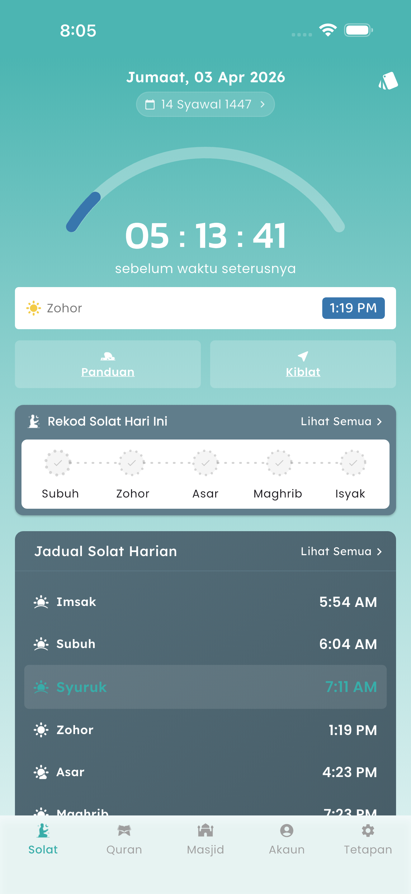 Skrin utama aplikasi Waktu Solat